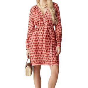 J Crew Cabana Mini Dress Block Print Ramie Coral Pink Floral Long Sleeve Medium